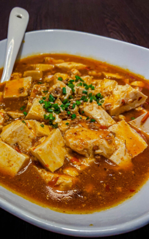 A bowl of authentic Sichuan-style mapo tofu, featuring soft tofu cubes in a rich and spicy chili bean sauce, topped with ground meat and fresh green onions.